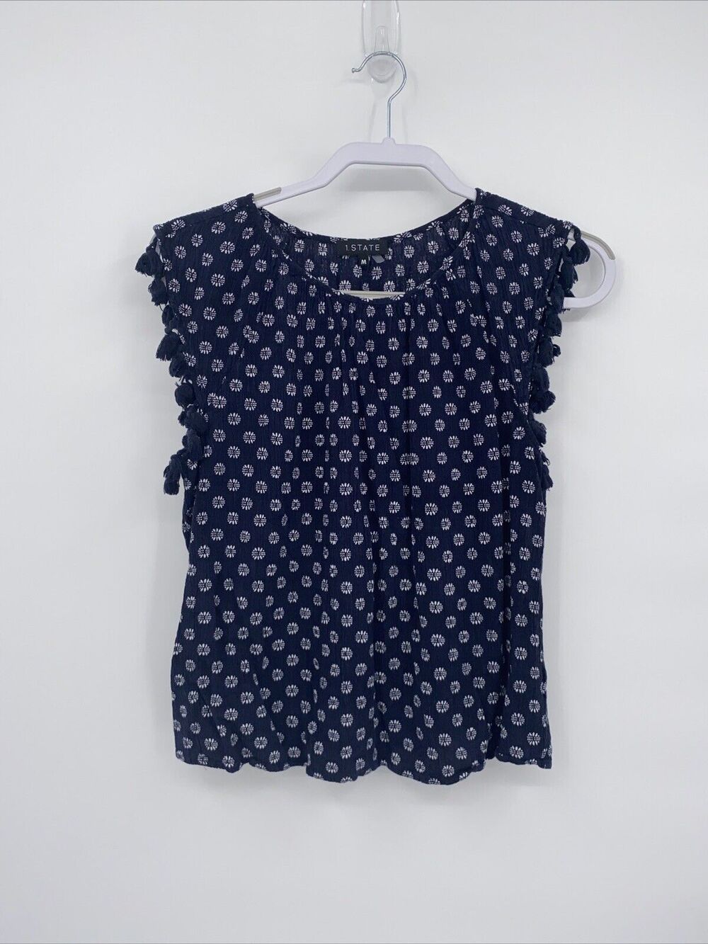 1 State Womens Floral Print Round Neck Sleeveless Tasseled Tank Top Blue Medium